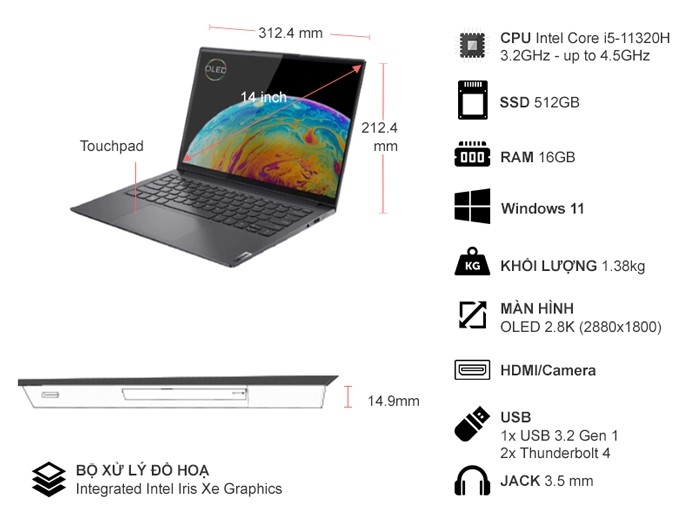 Laptop Lenovo Yoga Slim 7 Pro O i5-11320H/16GB/512GB/WIN11 82NH00BCVN