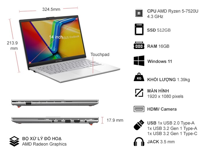 (Hàng xả kho) Laptop Asus Vivobook Go 14 R5-7520U/16GB/512GB/Win11 (E1404FA-NK177W)