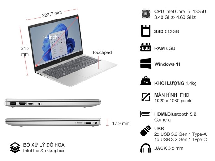 Laptop HP 14-EP0128TU i5-1335U/8GB/512GB/Win11 (8U6L5PA)