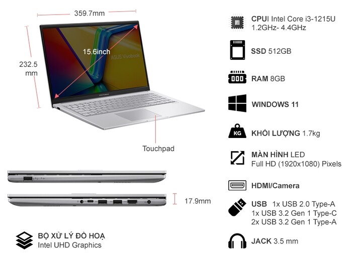 Laptop Asus Vivobook 15 i3-1215U/8GB/512GB/Win11 (X1504ZA-NJ582W)