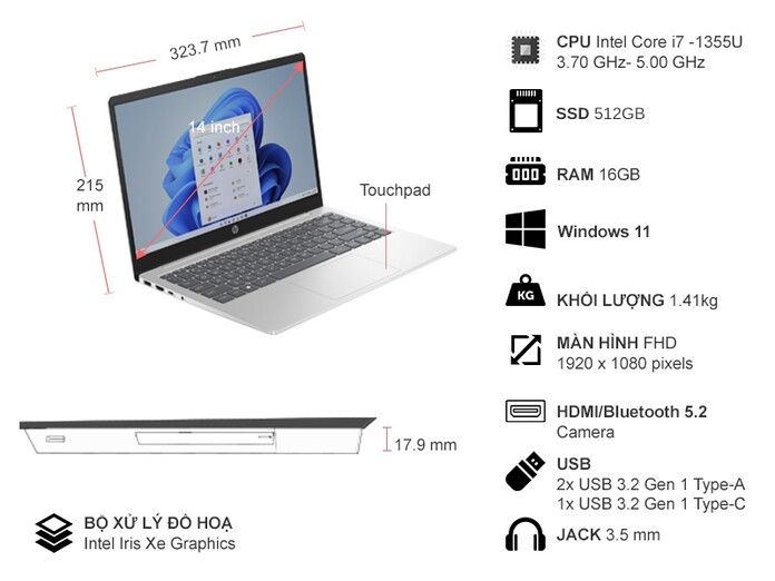 Laptop HP 14-EP0110TU i7-1355U/16GB/512GB/Win11 (8C5K9PA)