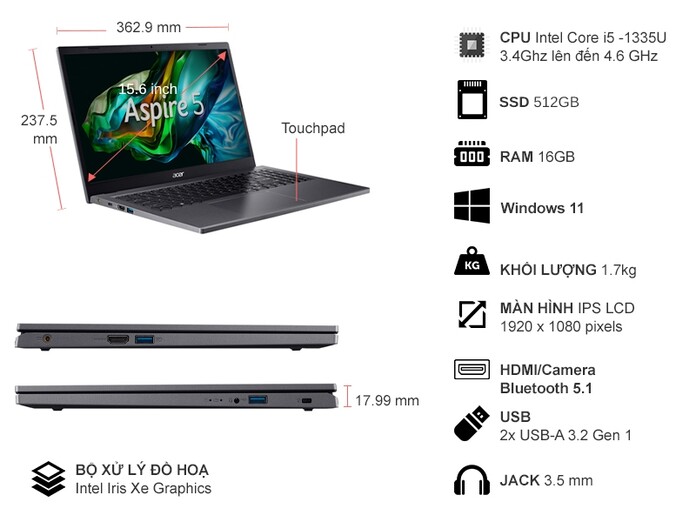 Laptop Acer Aspire 5 A515-58P-56RP i5-1335U/16GB/512GB/Win11 (NX.KHJSV.008)