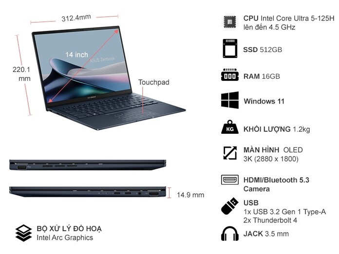 Laptop Asus Zenbook 14 OLED U5-125H/16GB/512GB/Win11 (UX3405MA-PP151W)