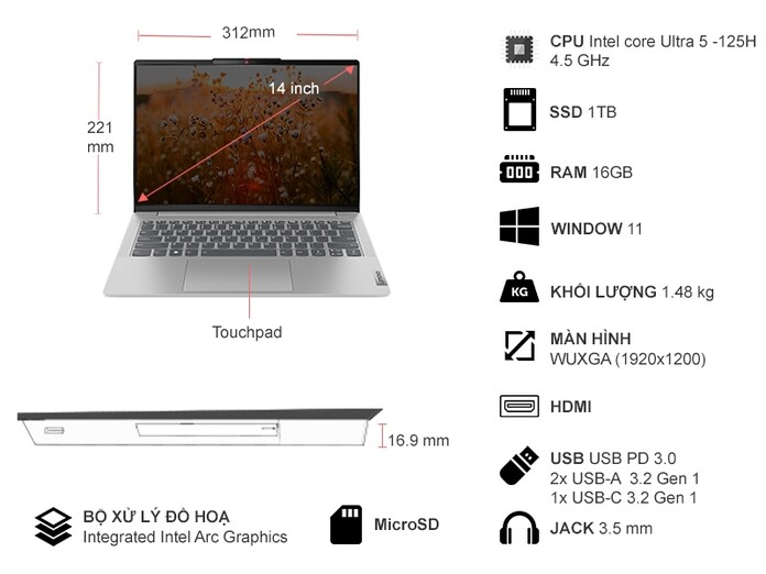 Laptop Lenovo Ideapad Slim 5 14IMH9 U5-125H/16GB/1TB/Win11 (83DA006TVN)