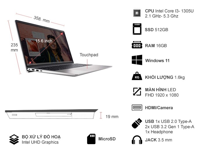 Laptop Dell Inspiron 15 3530 i3-1305U/16GB/512GB/Win11 (N3530-I3U165W11SLU)
