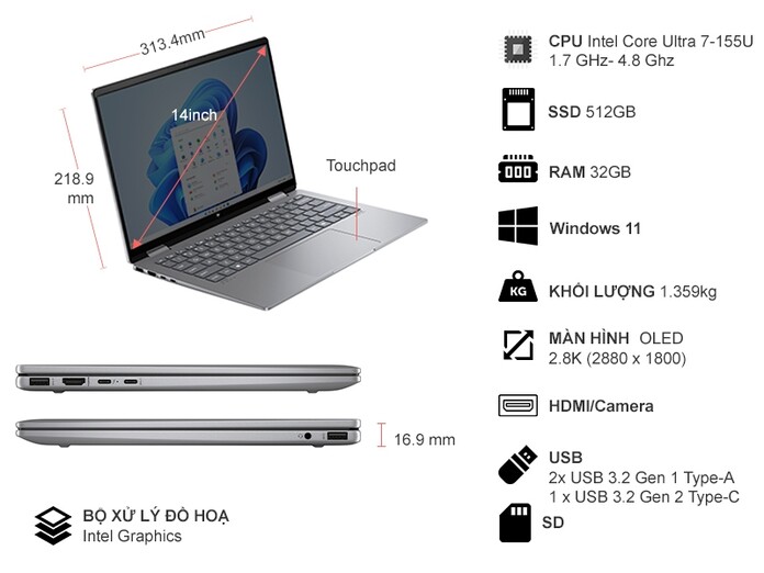 Laptop HP Envy X360 14-FC0086TU U7-155U/32GB/512GB/Win11 (A19BWPA)
