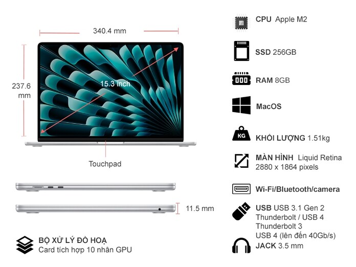Laptop Macbook Air M2 2023 8GB/256GB/10 Core GPU MQKR3SA/A Bạc
