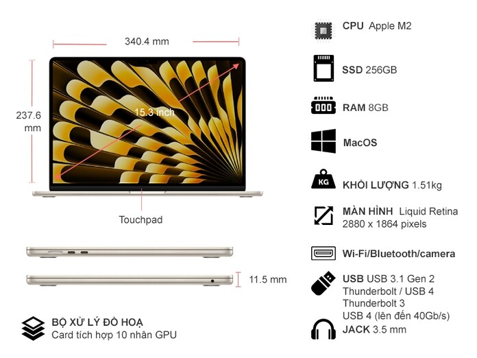 Laptop Macbook Air M2 2023 8GB/256GB/10 Core GPU MQKU3SA/A Vàng
