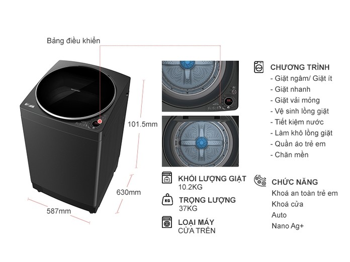 Máy giặt Sharp 10.2 kg ES-W102PV-H