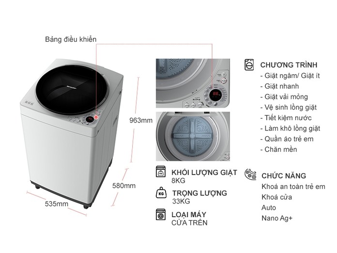 Máy giặt Sharp 8 kg ES-W80GV-H