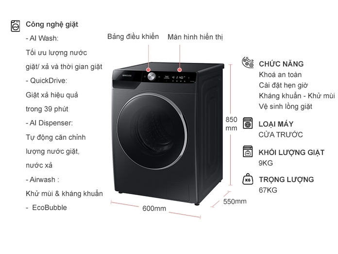 (Hàng trưng bày) Máy giặt Samsung Inverter 9 kg WW90TP44DSB