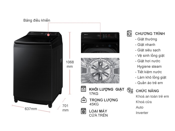 Máy giặt Samsung Inverter 17 kg WA17CG6886BVSV