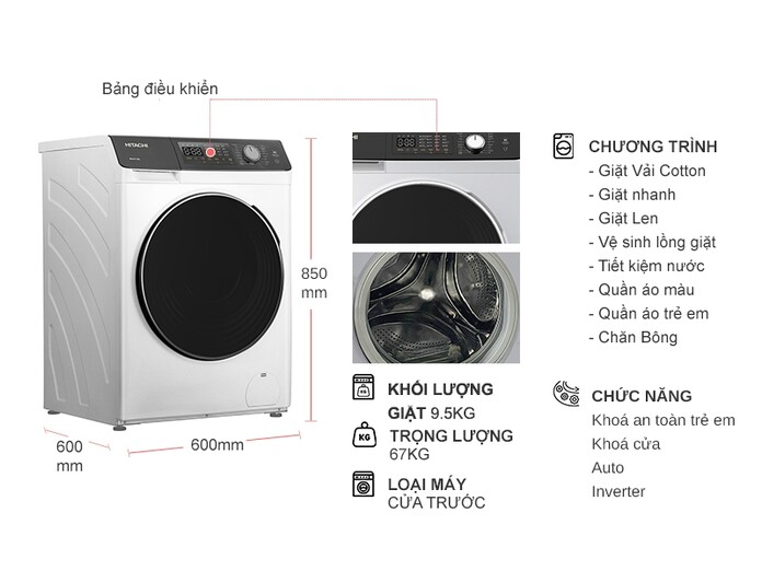 Máy giặt Hitachi Inverter 9.5 kg BD-954HVOW