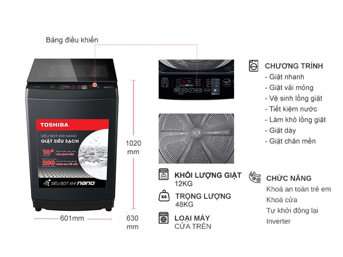 (Hàng trưng bày) Máy giặt Toshiba Inverter 12 kg AW-DUK1300KV(MK)