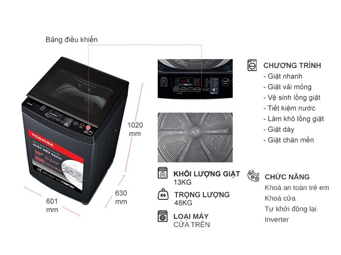 Máy giặt Toshiba Inverter 13 kg AW-DUM1400LV(MK)
