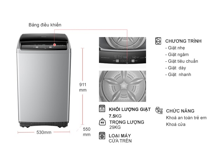 Máy giặt Sharp 7.5 kg ES-Y75HV-S