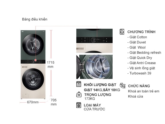 Tháp giặt sấy LG WashTower Inverter 14/10kg WT1410NHEG