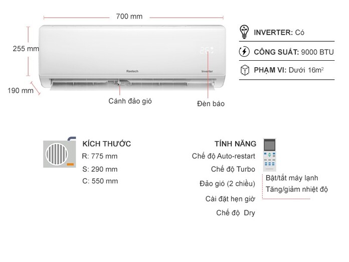 Máy lạnh Reetech Inverter 1 HP RTV9-TC-BI