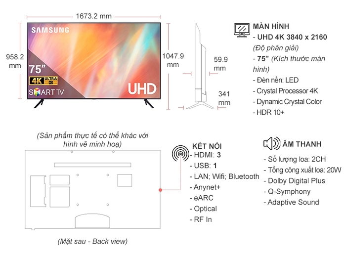 Smart Tivi Samsung Crystal UHD 4K 75 inch UA75AU7000KXXV