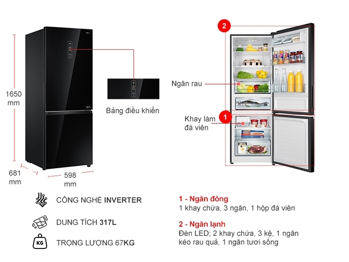 Tủ lạnh Aqua Inverter 317 lít AQR-IG338EB (GB)