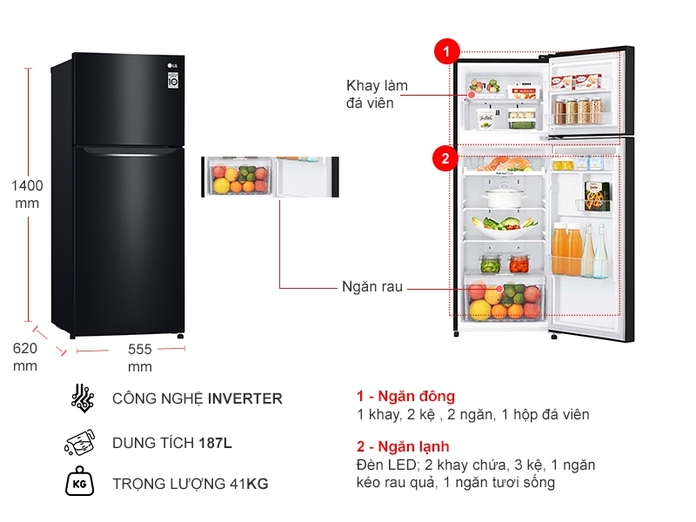 Tủ lạnh LG Inverter 187 Lít GN-L205WB