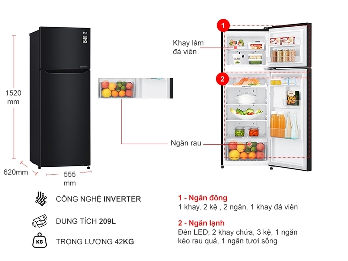 Tủ lạnh LG Inverter 209 Lít GN-B222WB