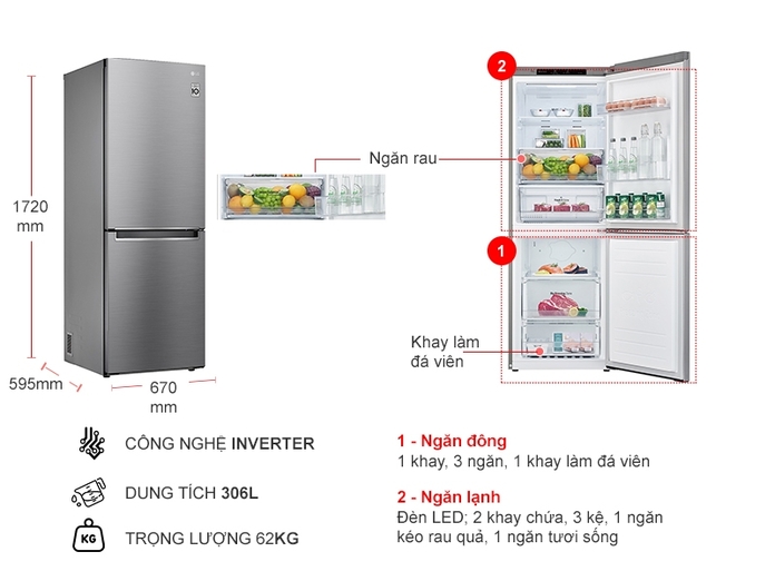 Tủ lạnh LG Inverter 306 Lít GR-B305PS