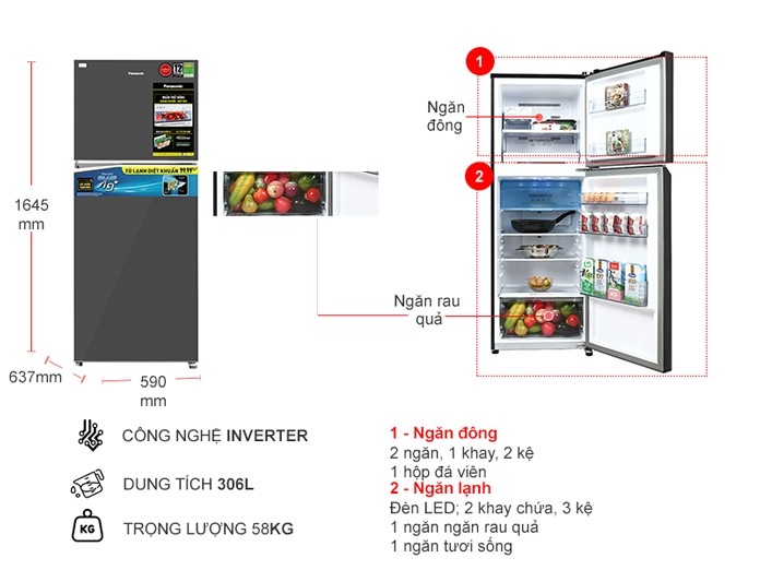 Tủ lạnh Panasonic Inverter 306 lít NR-TV341VGMV