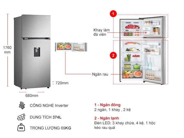 Tủ Lạnh LG Inverter 374 Lít GN-D372PSA Chính Hãng | Nguyễn Kim