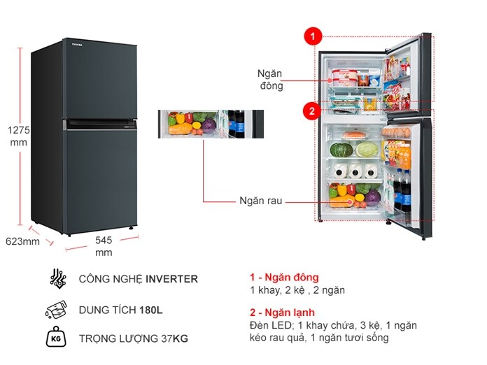 Tủ lạnh Toshiba Inverter 180 lít GR-RT234WE-PMV(52)