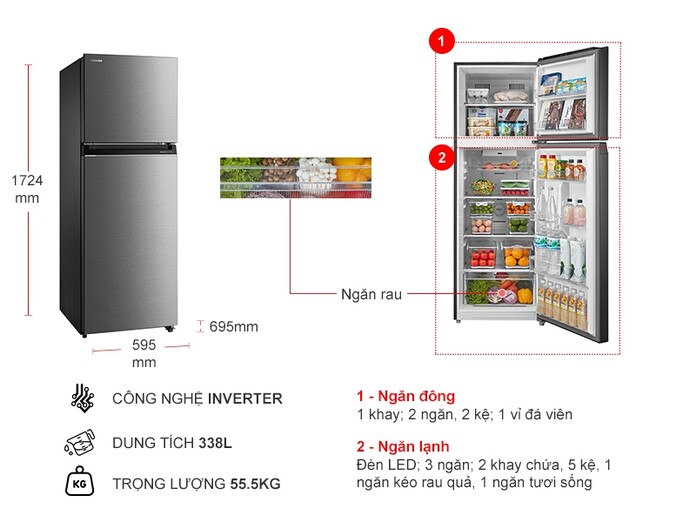 Tủ lạnh Toshiba Inverter 338 lít GR-RT468WE-PMV(58)-MM