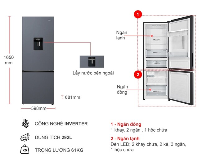 Tủ lạnh Aqua Inverter 292 lít AQR-B360MA(WSL)