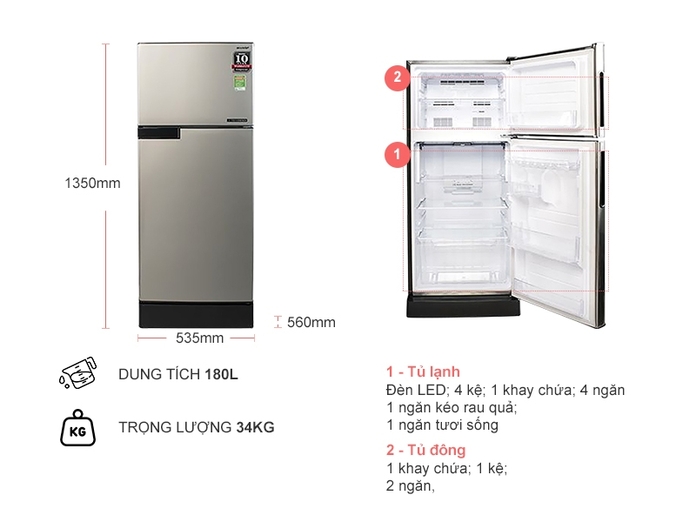 Tủ lạnh Sharp Inverter 180 lít SJ-X196E-CS