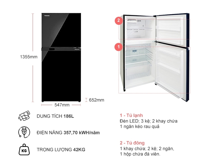 TỦ LẠNH TOSHIBA INVERTER 186 LÍT GR-M25VUBZ(UK) ĐEN