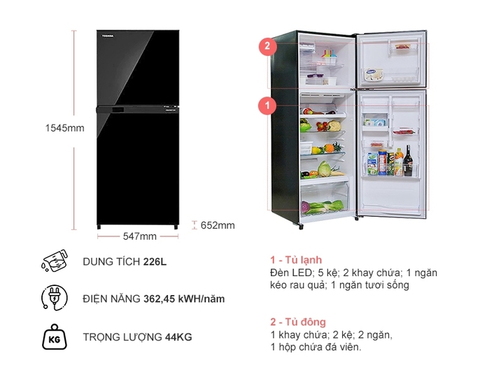 TỦ LẠNH TOSHIBA INVERTER 226 LÍT GR-M28VUBZ(UK) ĐEN