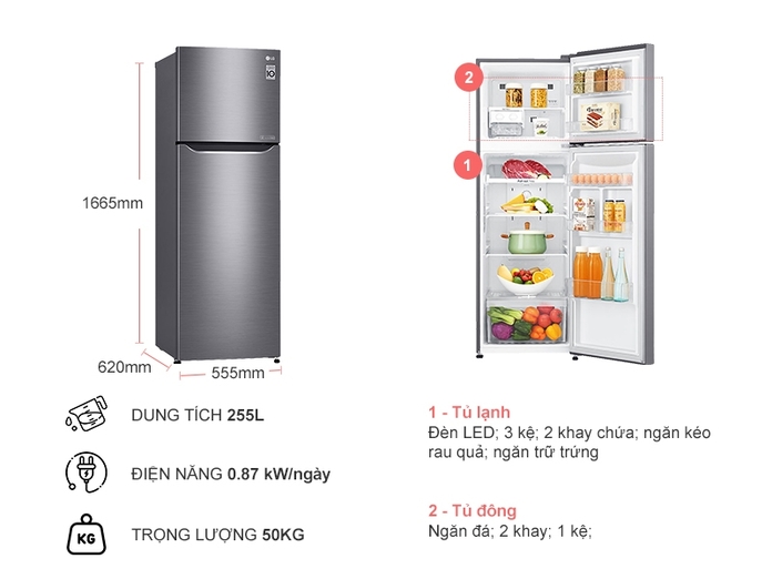 Tủ lạnh LG Inverter 255 lít GN-L255PS