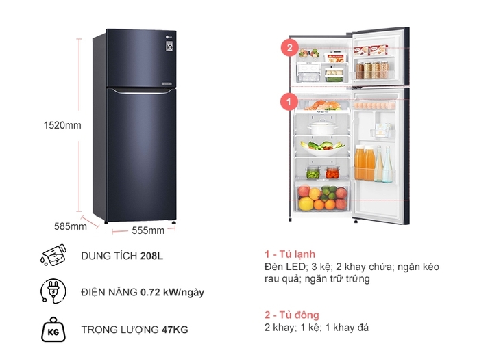 TỦ LẠNH LG 208 LÍT GN-L208PN