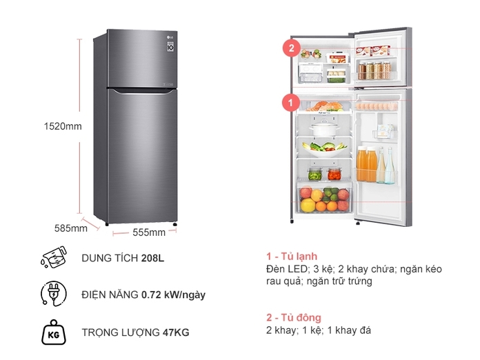 Tủ lạnh LG Inverter 208 lít GN-L208PS