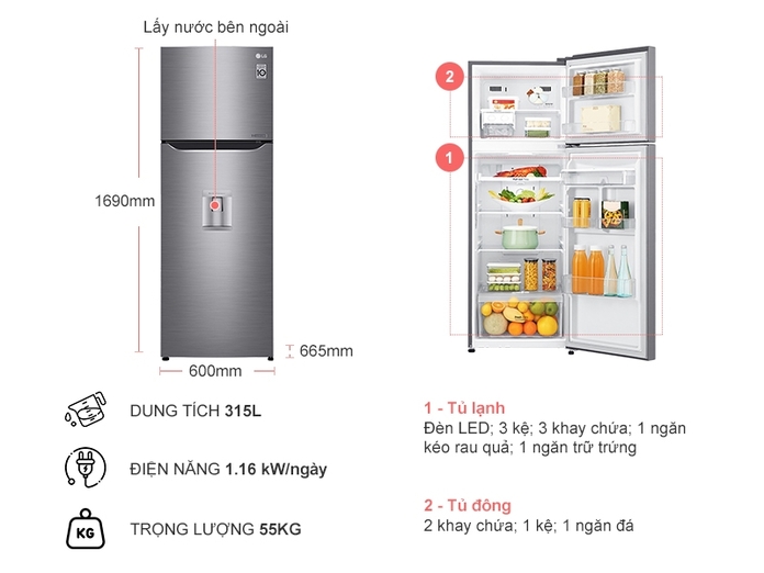 TỦ LẠNH LG 333 LÍT GN-D315PS
