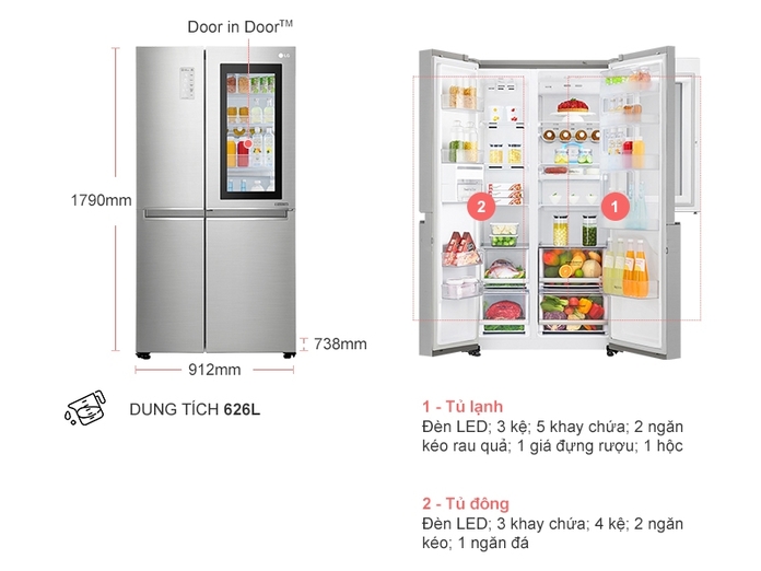 TỦ LẠNH LG INVERTER INSTAVIEW DOOR IN DOOR 626 LÍT GR-Q247JS