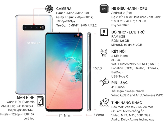 Điện thoại Samsung Galaxy S10 Plus 128GB Trắng