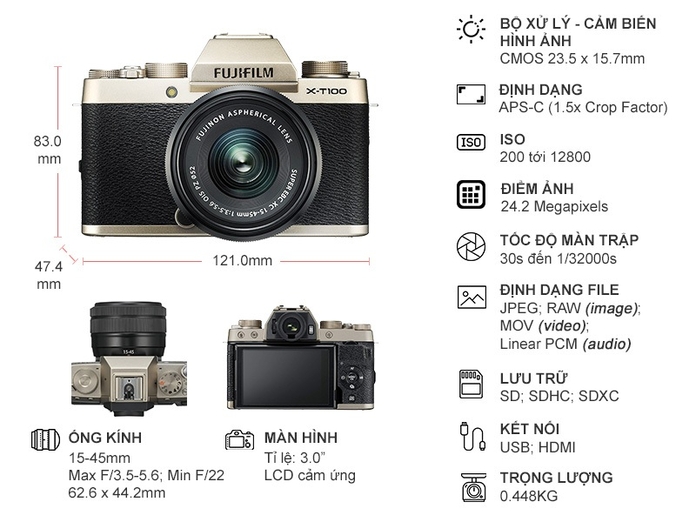 Máy ảnh Fujifilm Kit 15-45mm X-T100/XC Gold