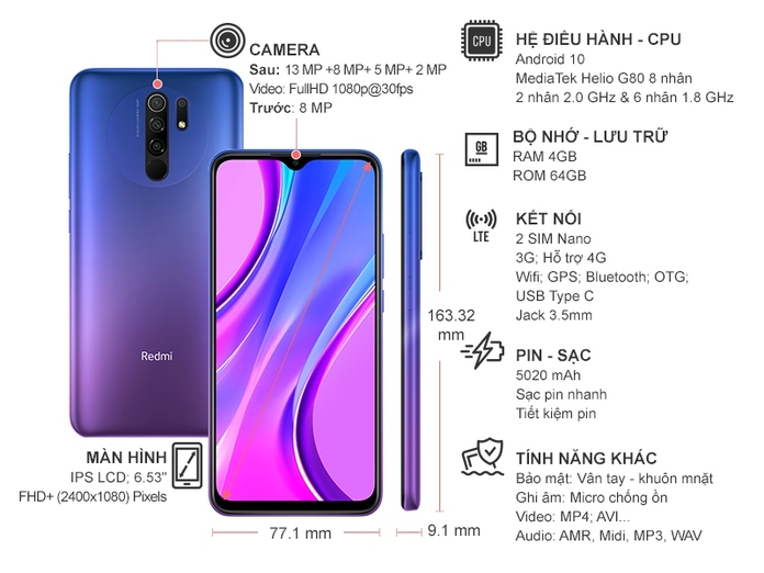 Điện thoại Xiaomi Redmi 9 4GB/64GB Tím