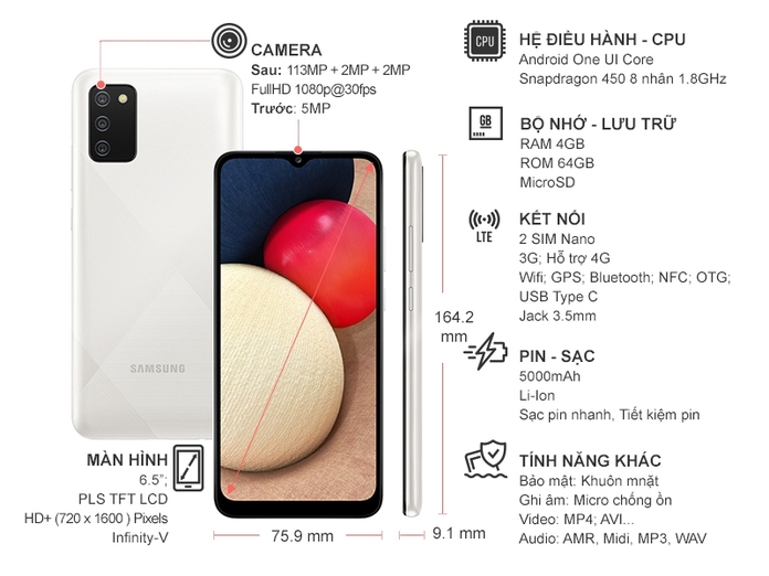 Điện thoại Samsung Galaxy A02s 4GB/64GB Trắng