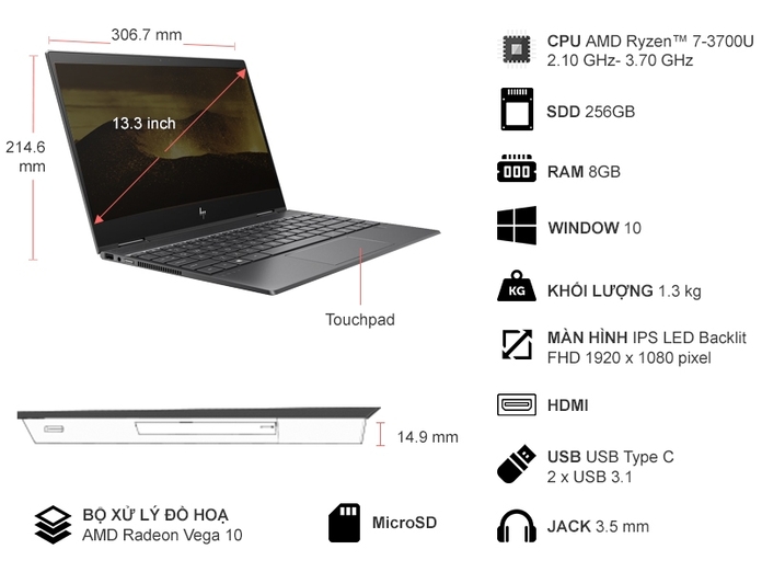 Laptop HP Envy 13.3 inch 6ZF34PA Đen