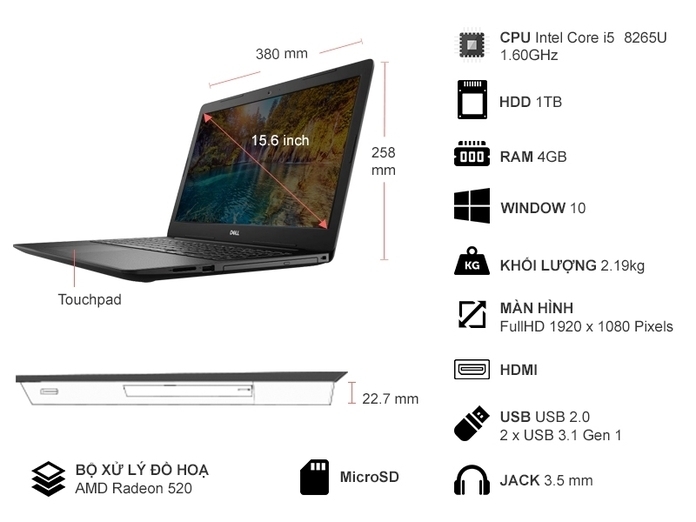 Laptop Dell Inspiron 3580 i5- 8265U/4GB/1TB/WIN10 (70194511)