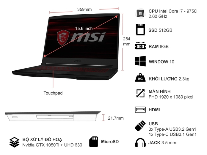 Laptop MSI GF63 9RCX-645VN I7/8/512/4G/VX