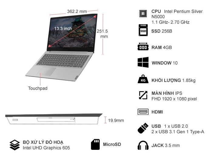 Lenovo Ideapad S145-15IGM Pentium N5000 15.6 inch 81MX002NVN