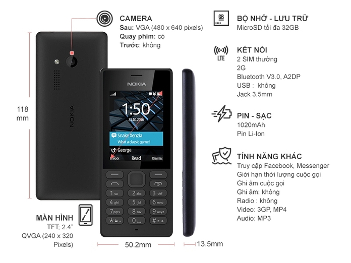 NOKIA 150 ĐEN (KHÔNG TẶNG THẺ NHỚ)