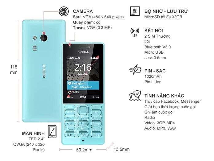 NOKIA 216 DUAL SIM(KHÔNG KÈM THẺ NHỚ)